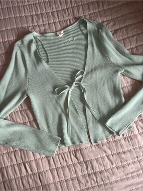 Light Mint Tie-Front Ribbed Cardigan Sweater